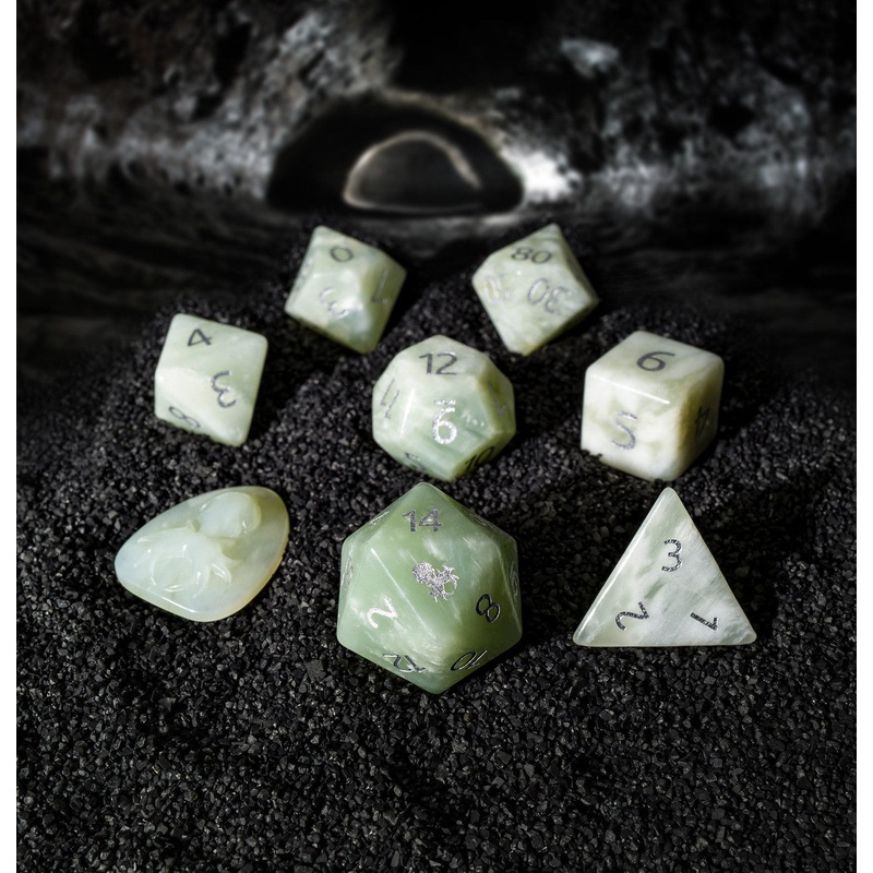 New Mountain Jade Semi-Precious 8 pc Glass Dice Set with Kraken Logo for RPGs