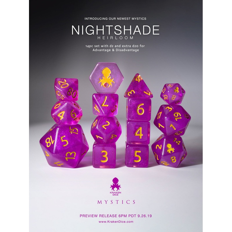 Nightshade: Heirloom 14pc Gold Ink Dice Set With Kraken Logo