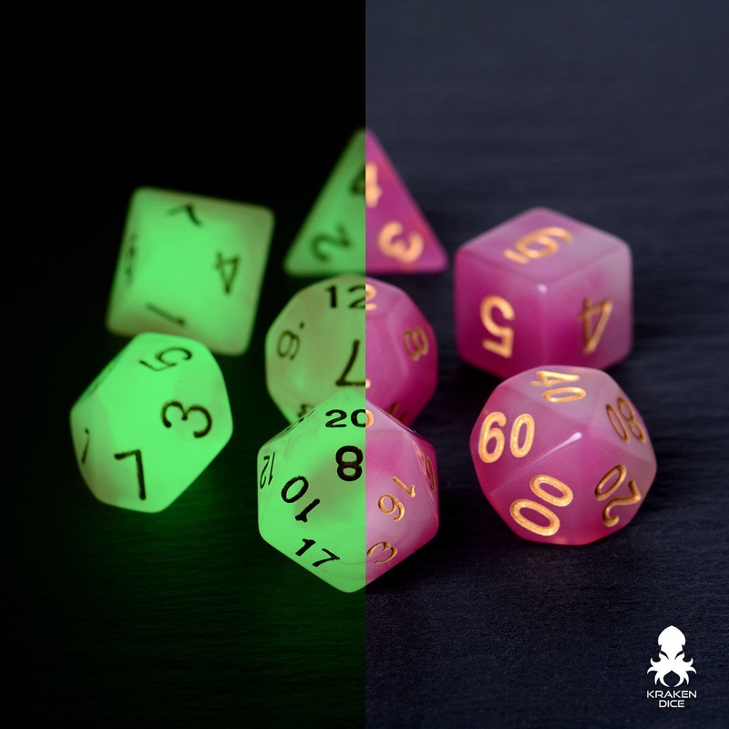 Purple & White (Green Glow) Glow in the Dark 7pc Dice Set