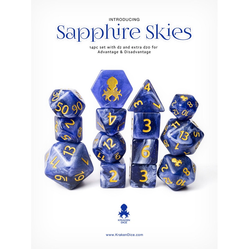 Sapphire Skies 14pc Gold Ink with Kraken Logo Polyhedral Dice Set for RPGS