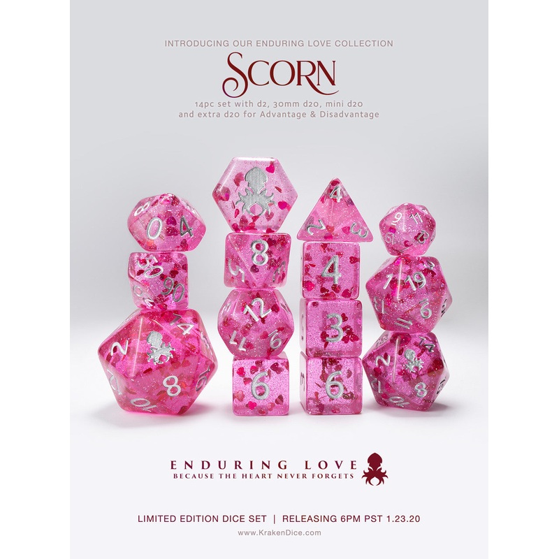 Scorn - Red with Red Hearts 14pc Limited Edition Dice Set