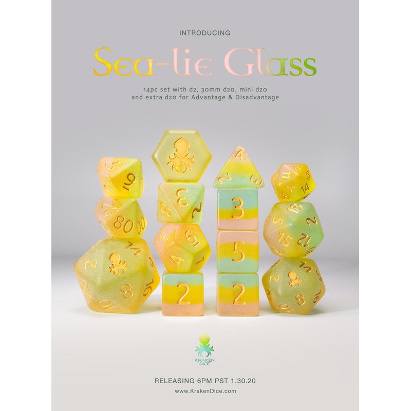 Sea-lie Glass 14pc Gold Ink Matte Dice Set
