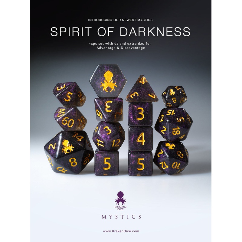 Spirit of Darkness 14pc Gold Ink Dice Set With Kraken Logo