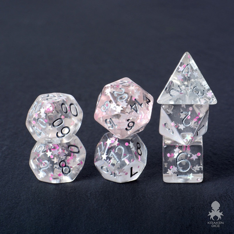 Starlight Wish Pink Glitter  with White Stars 7pc Polyhedral Dice Set