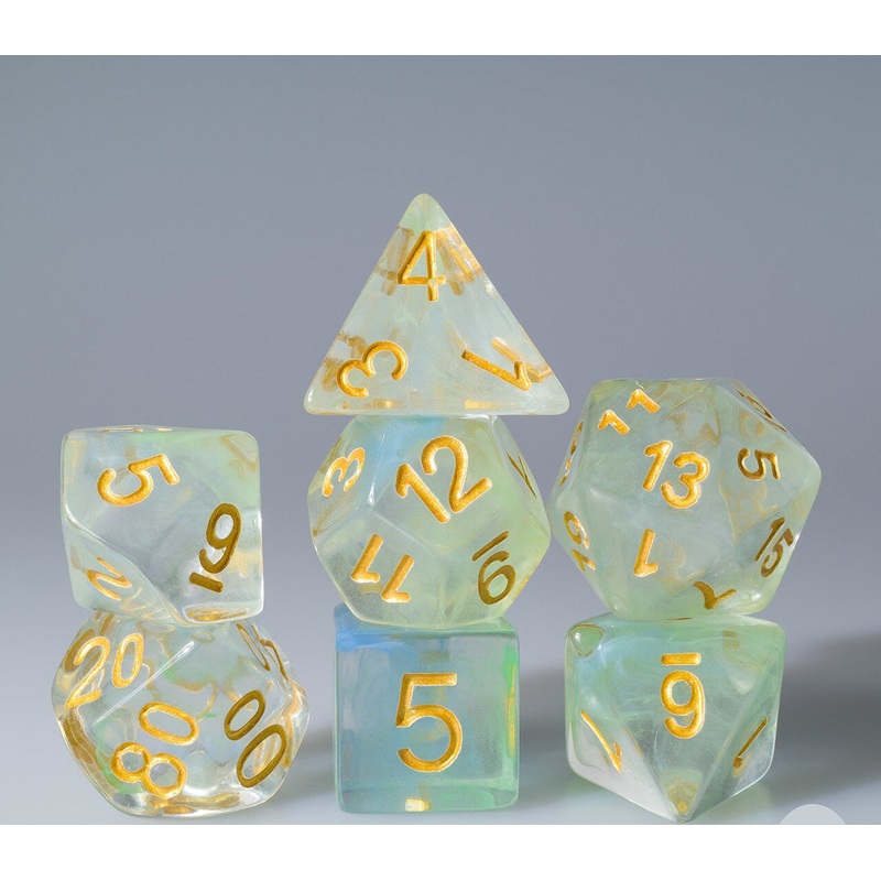 Teal and Light Green Swirl with Gold ink 7pc Polyhedral Dice Set