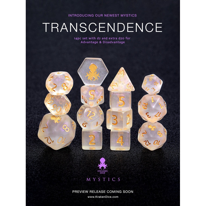 Transcendence Gold Ink Mystics 14pc Dice Set With Kraken Logo