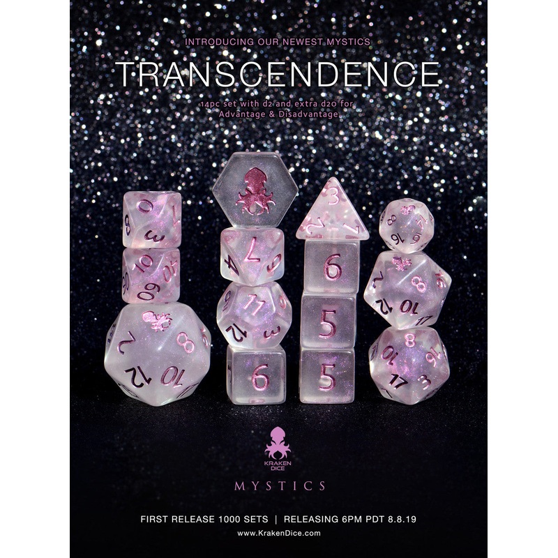 Transcendence Metallic Mauve Ink Mystics 14pc Dice Set With Kraken Logo