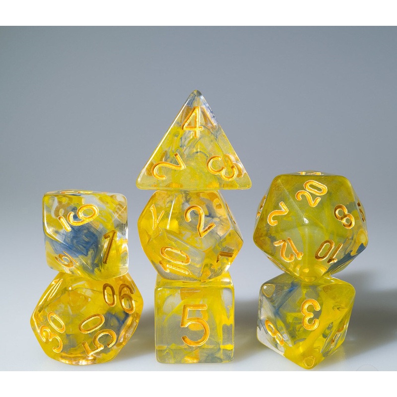 Yellow and Blue Swirl with Gold Ink 7pc Polyhedral Dice Set
