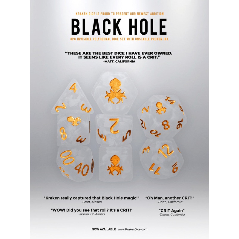 Black Hole 8pc Invisible Polyhedral Dice set with Unstable Proton Ink