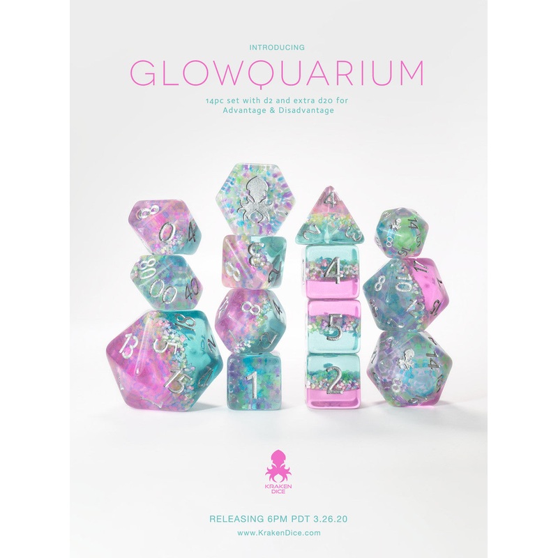 Glowquarium 14pc Polyhedral Dice set with Glow in the Dark Particles