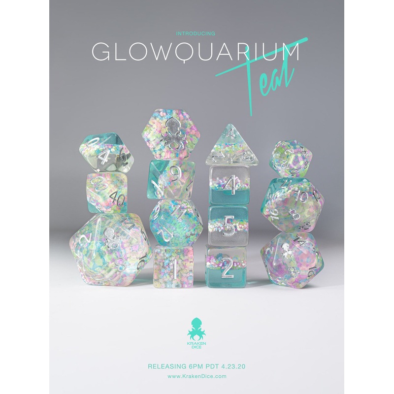 Glowquarium Teal 14pc Polyhedral Dice set with Glow in the Dark Particles