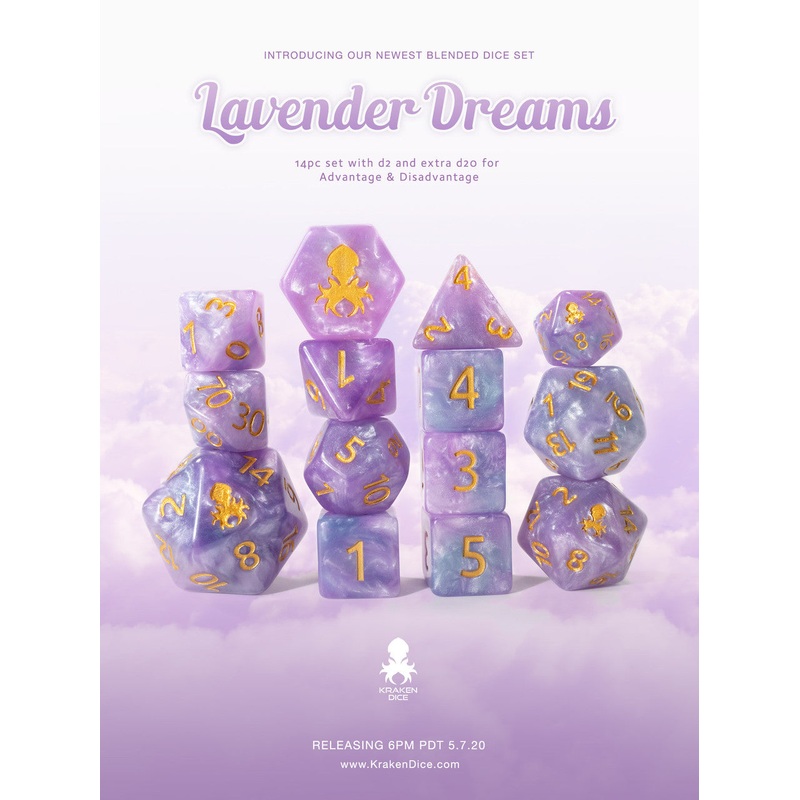 Lavender Dreams 14pc Dice Set Inked in Gold