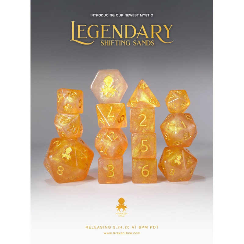Legendary: Shifting Sands 12pc Gold Ink Dice Set With Kraken Logo for TTRPGs