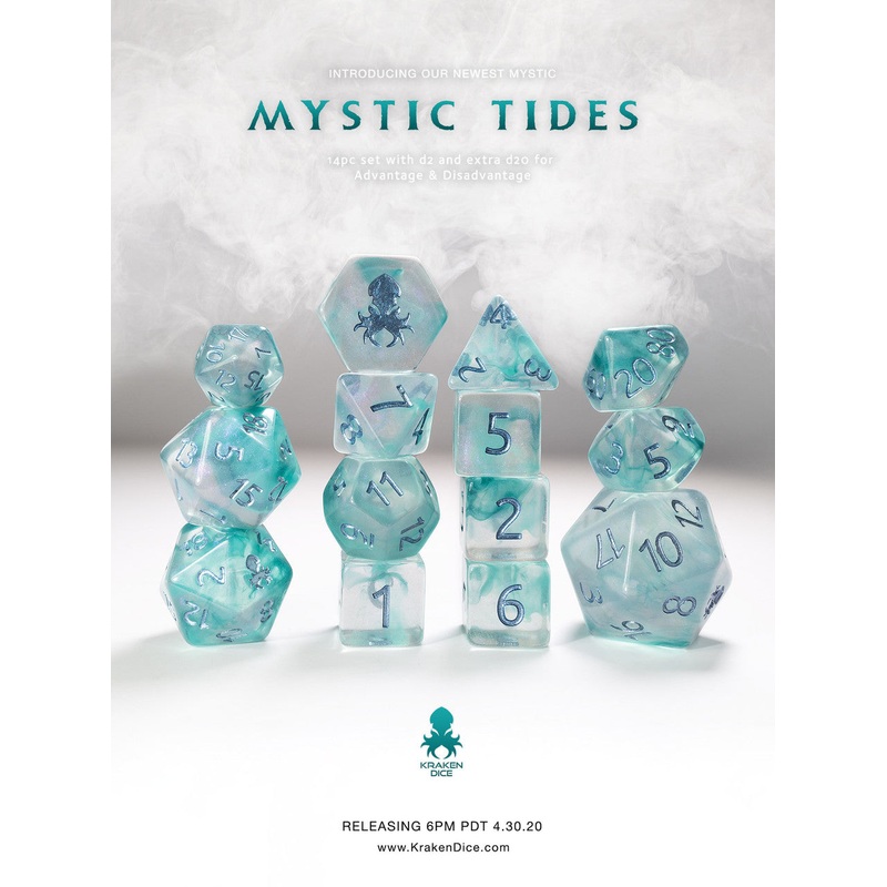 Mystic Tides 14pc Dice set with Metallic Blue Ink
