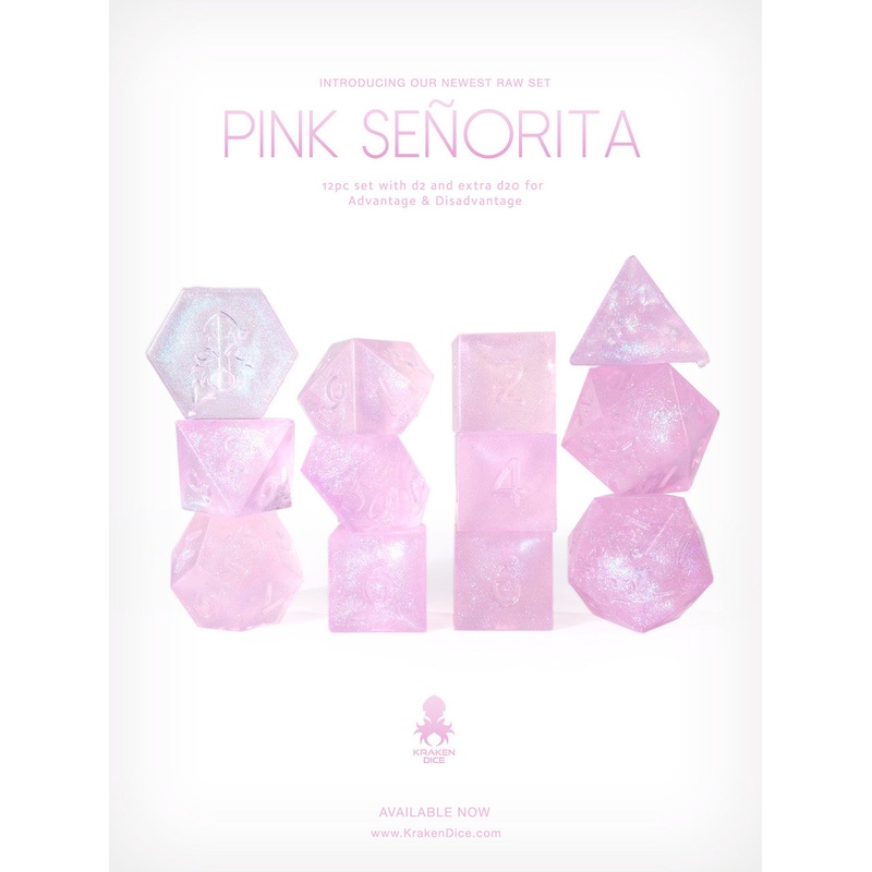 RAW Pink Senorita 12pc Glitter RPG Dice Set
