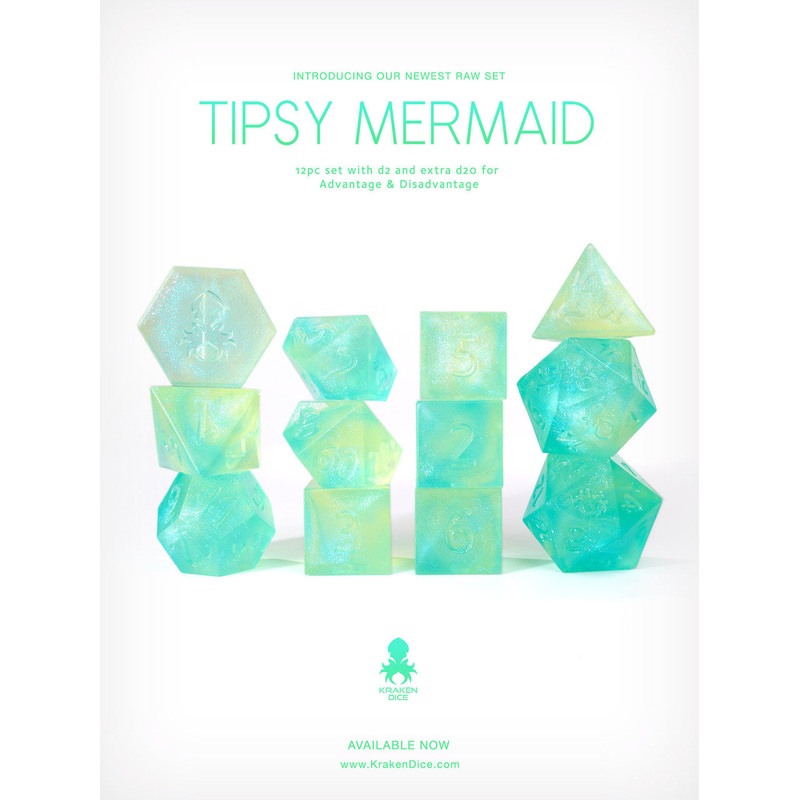 RAW Tipsy Mermaid 12pc Glitter RPG Dice Set