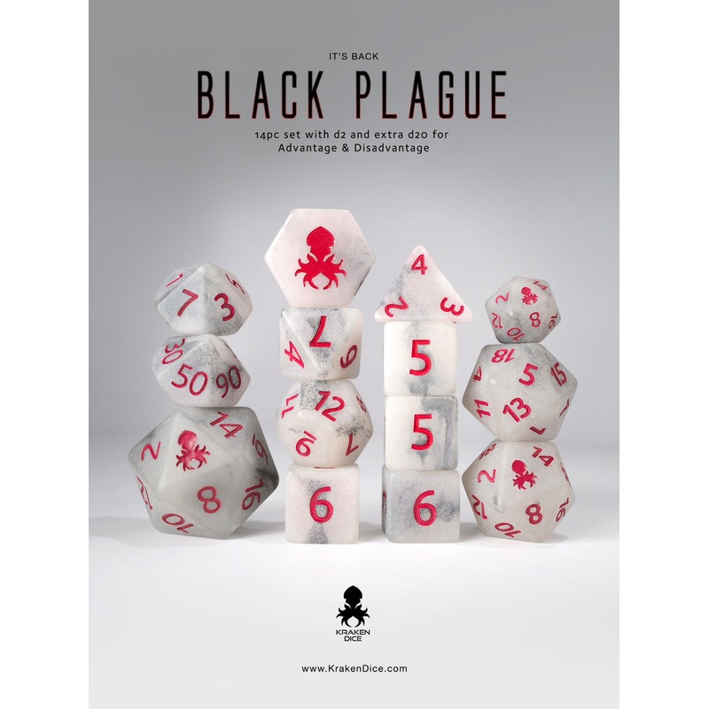 Black Plague 14pc Glow in the Dark Red Ink Dice Set