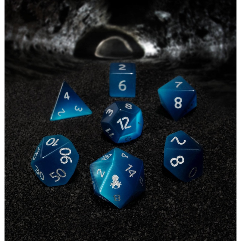 Blue Cat-Eye Semi-Precious 7 pc Glass Dice Set for RPGs