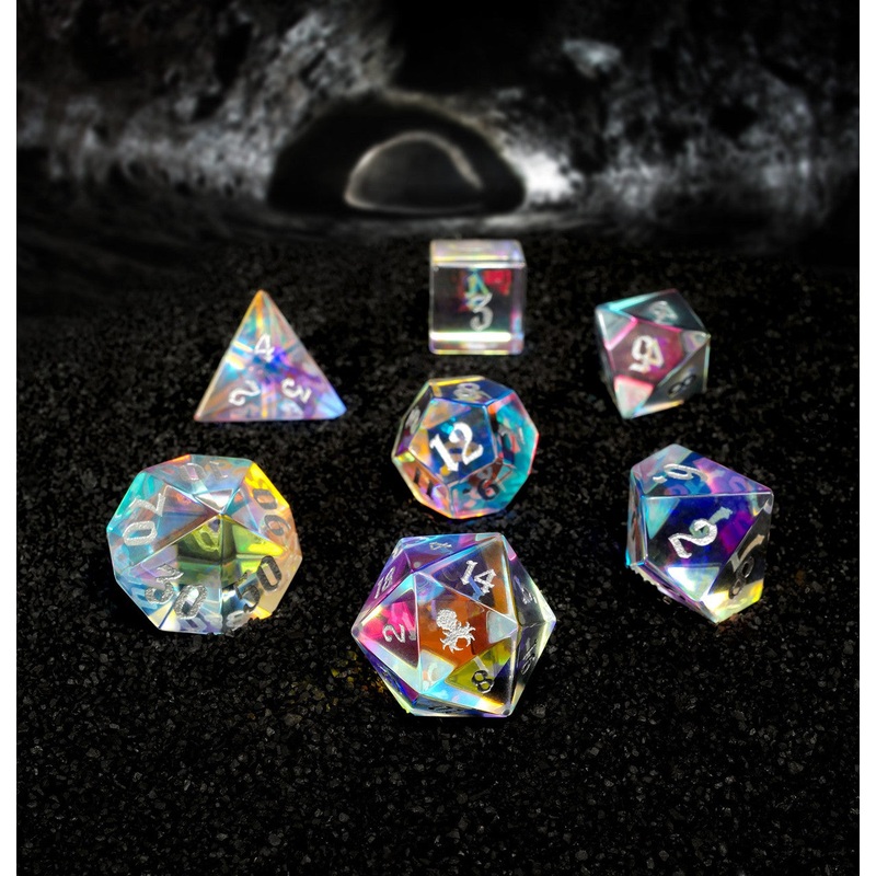 Dichroic Glass Semi-precious Gemstone Dice Set Gothik Font