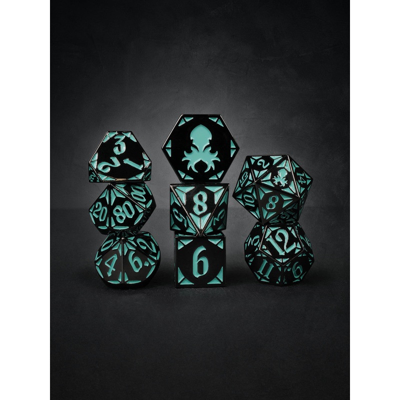 Goddess' Dark Rite  8pc Black with Teal TTRPG Dice Set