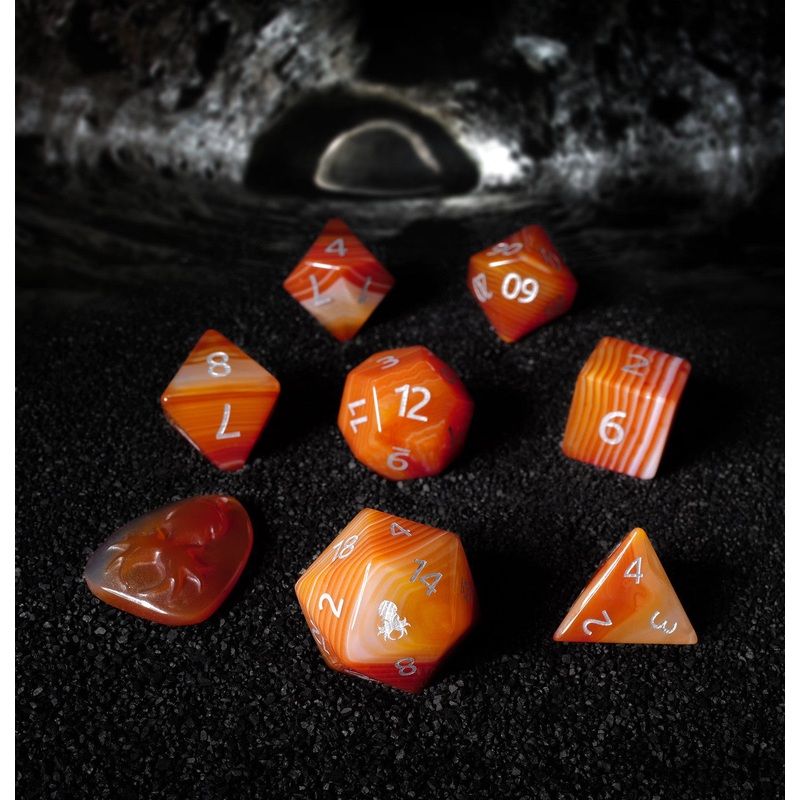 Natural Red Stripe Agate Semi-Precious 8 pc Dice Set with Kraken Logo for RPGs