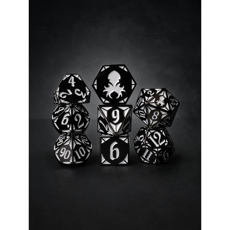 Paladin's Dark Rite  8pc Black with White TTRPG Dice Set
