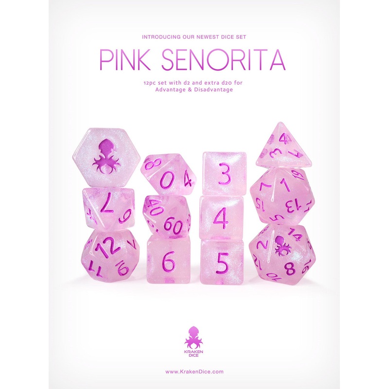 Pink Senorita 12pc Glitter RPG Dice Set
