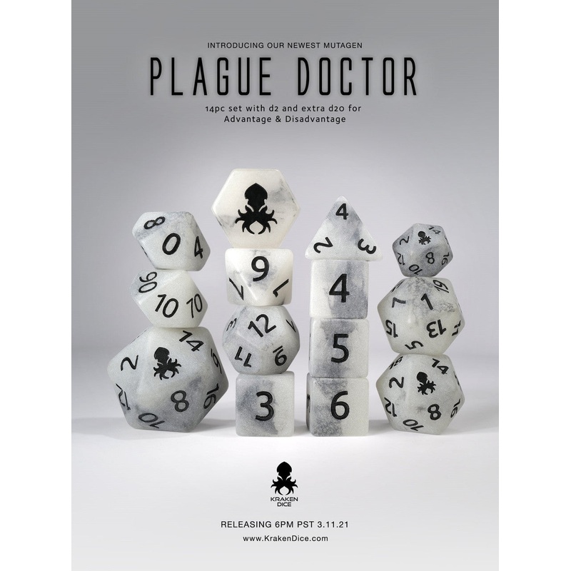 Plague Doctor 14pc Glow in the Dark Dice Set Inked in Black