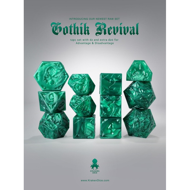 RAW Dark Green Gothik Revival  RPG 12pc Dice Set