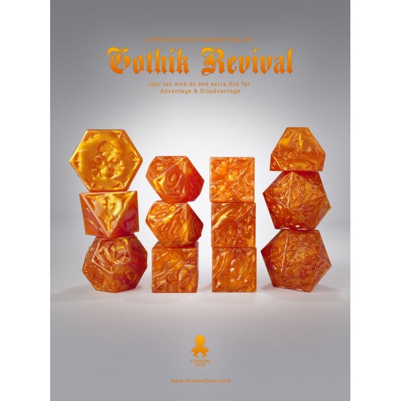 RAW Orange Gothik Revival  RPG 12pc Dice Set