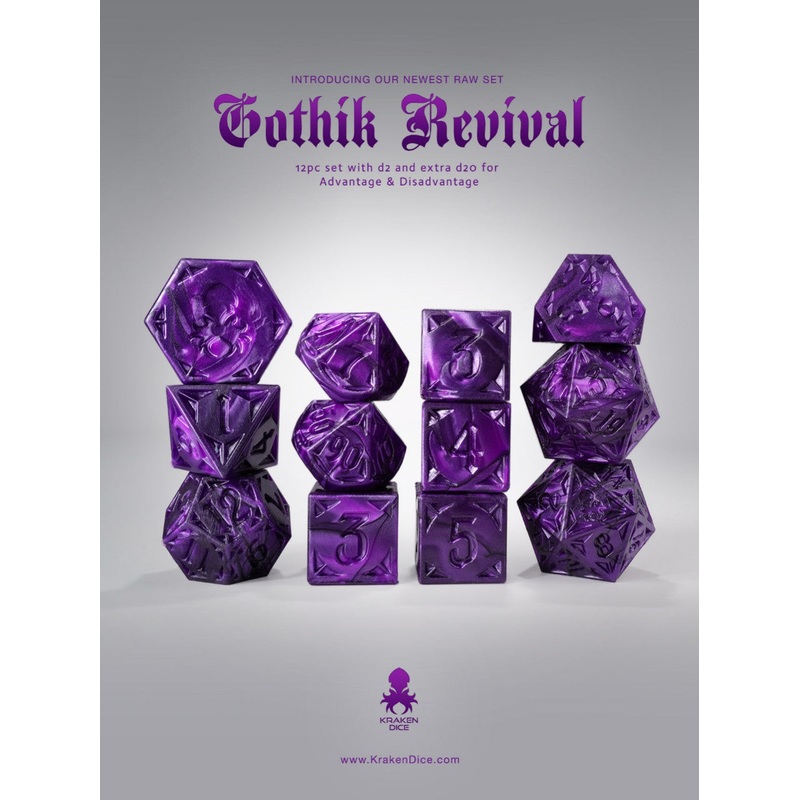 RAW Purple Gothik Revival  RPG 12pc Dice Set
