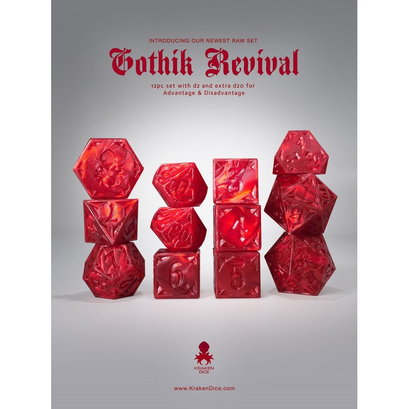 RAW Red Gothik Revival  RPG 12pc Dice Set