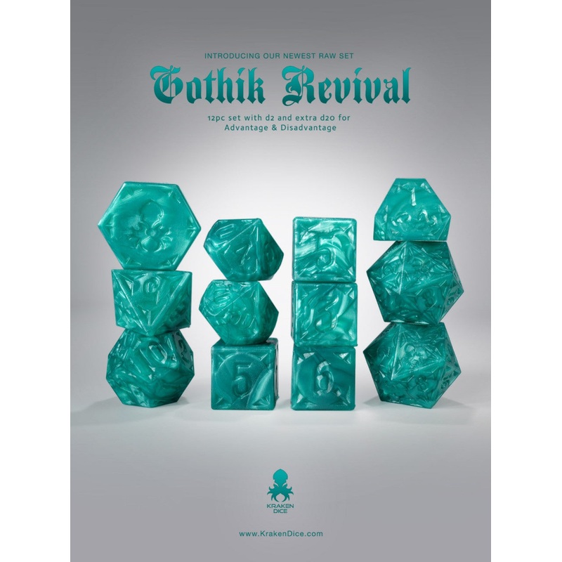 RAW Teal Gothik Revival  RPG 12pc Dice Set