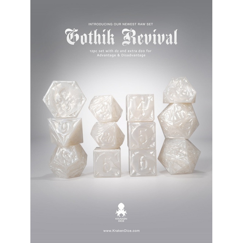 RAW White Gothik Revival  RPG 12pc Dice Set