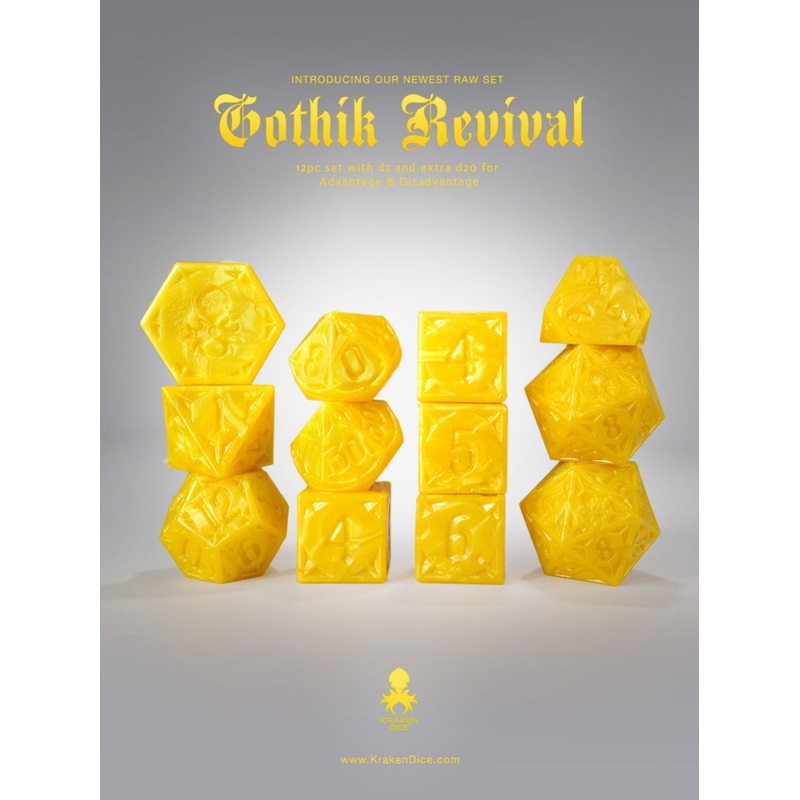 RAW Yellow Gothik Revival  RPG 12pc Dice Set