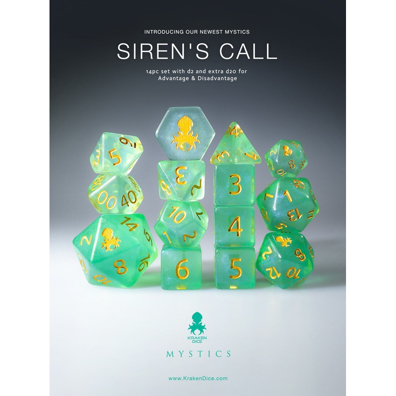 Siren's Call 14pc Gold Ink Dice Set With Kraken Logo
