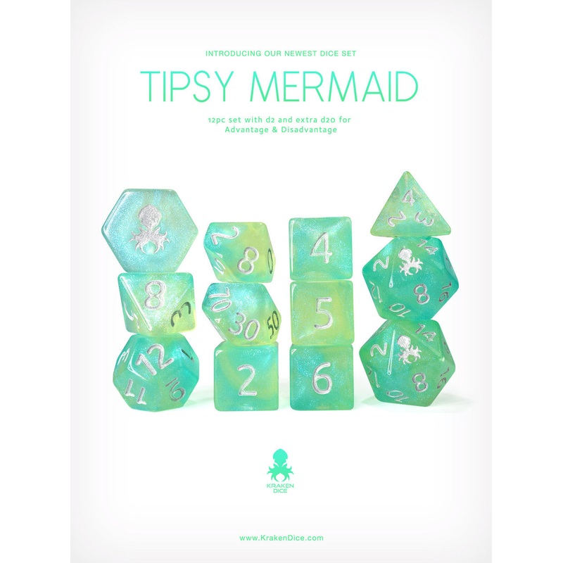 Tipsy Mermaid 12pc Glitter RPG Dice Set