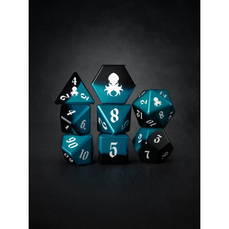 Vulcan: Azure Knight 8pc Black and Blue Precision Aluminum TTRPG Dice Set