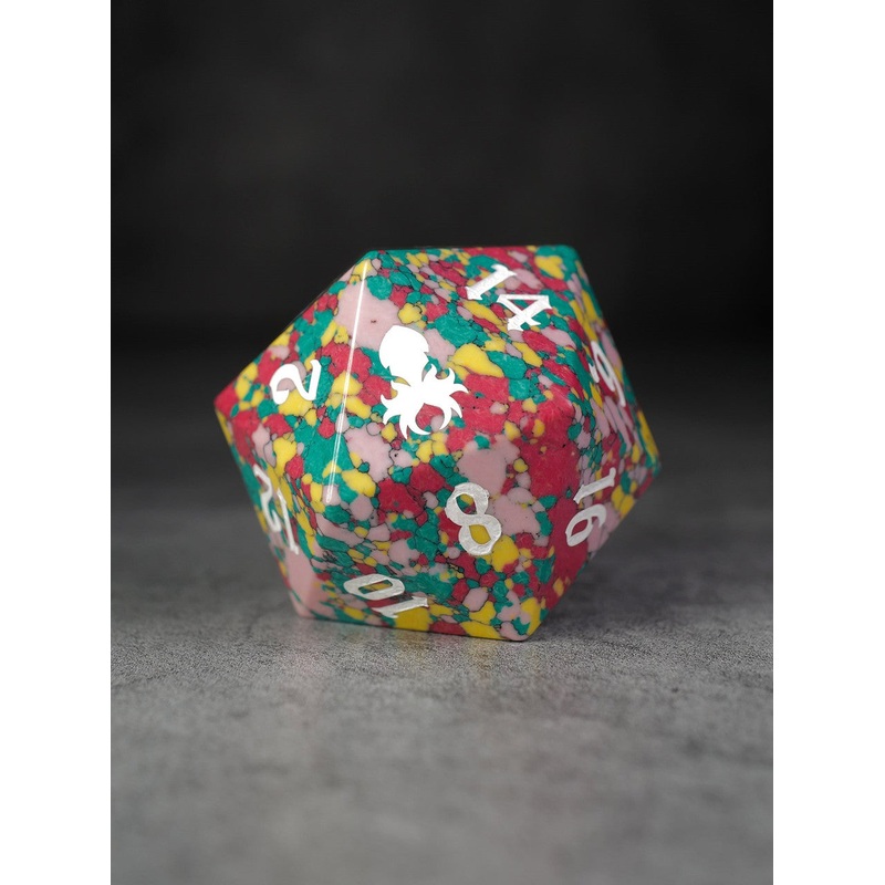 40mm Teal Pink Red Mosaic Semi-Precious Single D20 with White Ink