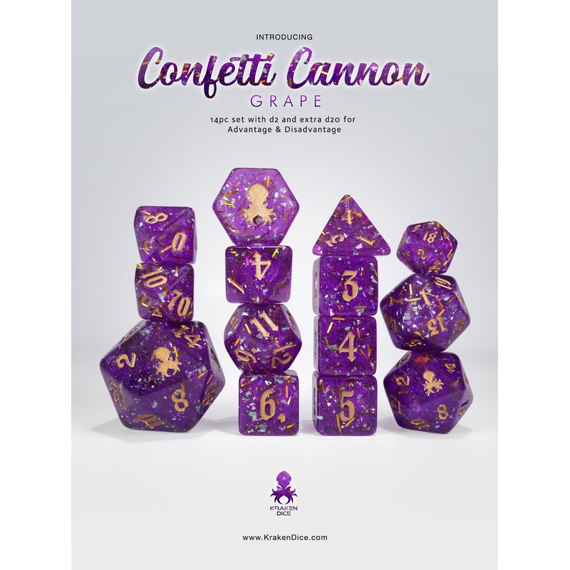 Confetti Cannon: Grape - Limited Run - 14pc Dice Set inked in Gold