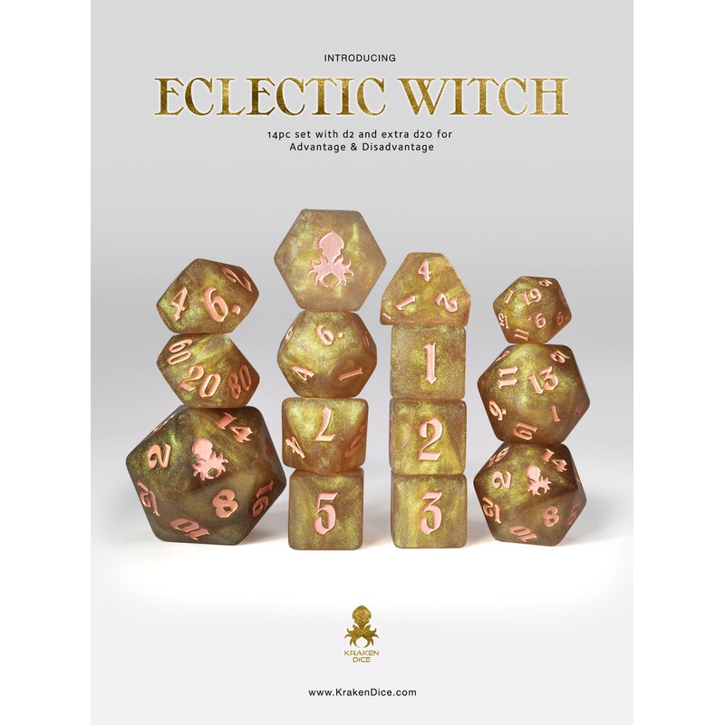 Eclectic Witch: Gold Shimmer 14pc Pink Ink Dice Set