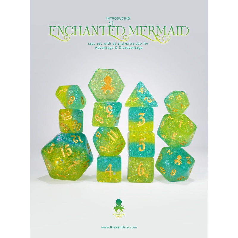 Enchanted Mermaid  - Limited Run - 14pc Dice Set Inked in Gold