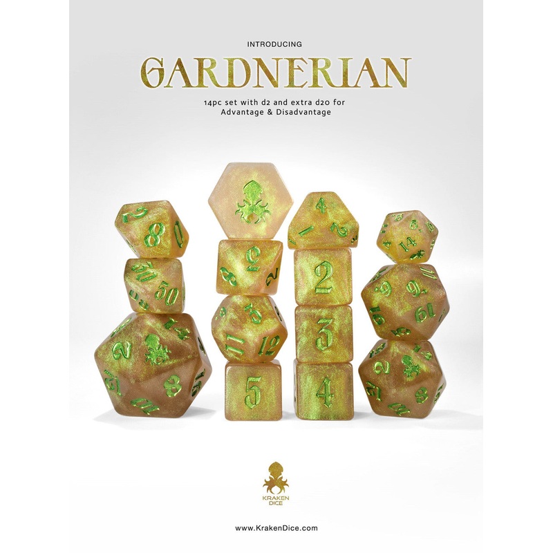 Gardnerian : Green Gold Shimmer 14pc Green Ink Dice Set