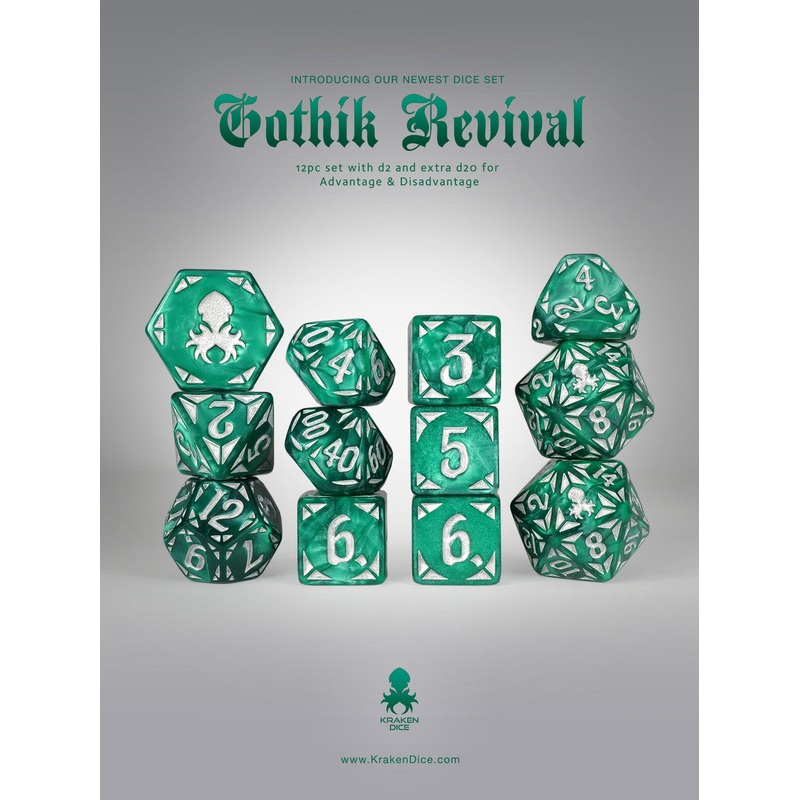 Green Gothik Revival  RPG 12pc Dice Set