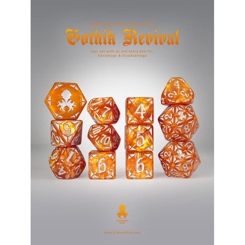 Orange Gothik Revival  RPG 12pc Dice Set