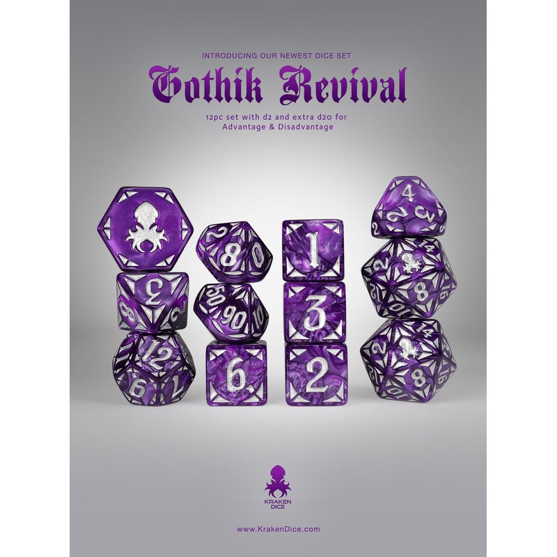 Purple Gothik Revival  RPG 12pc Dice Set