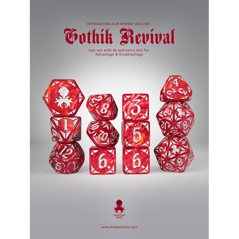 Red Gothik Revival  RPG 12pc Dice Set