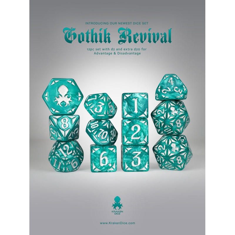 Teal Gothik Revival  RPG 12pc Dice Set