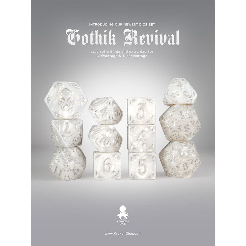 White Gothik Revival  RPG 12pc Dice Set