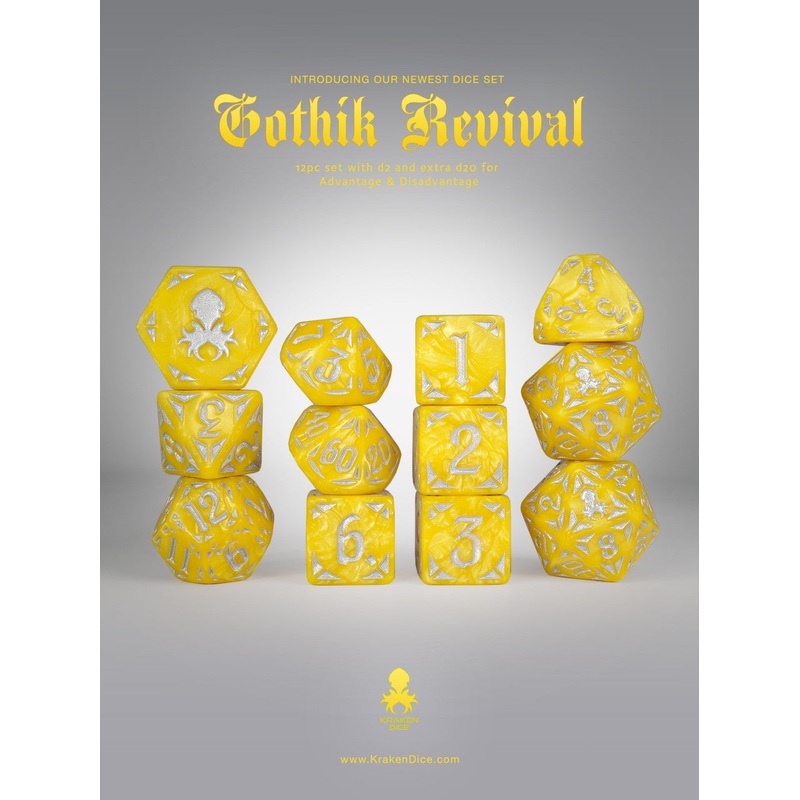 Yellow Gothik Revival  RPG 12pc Dice Set